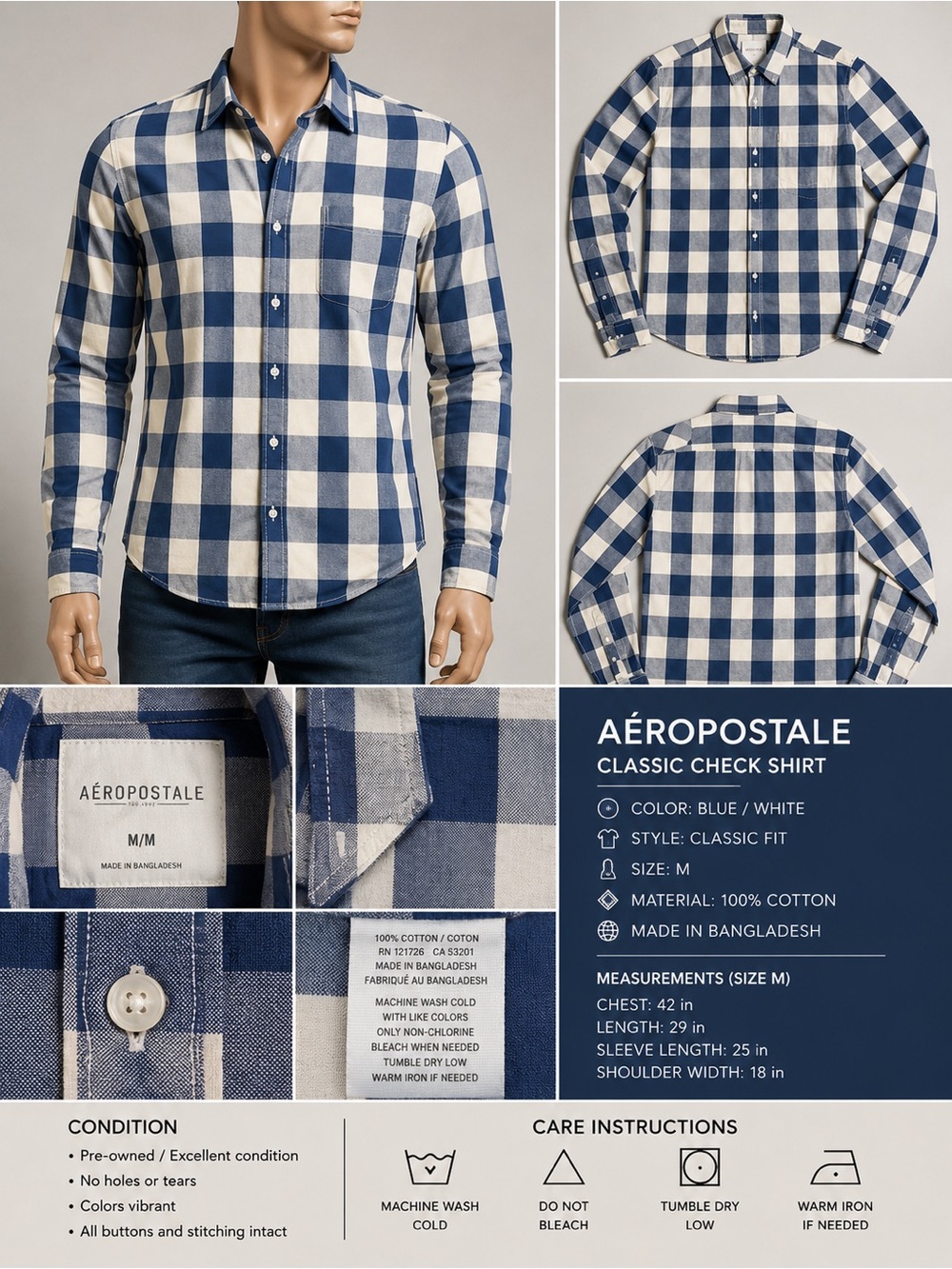 Aéropostale Men's Medium Blue and White Checkered Button-Up Shirt
